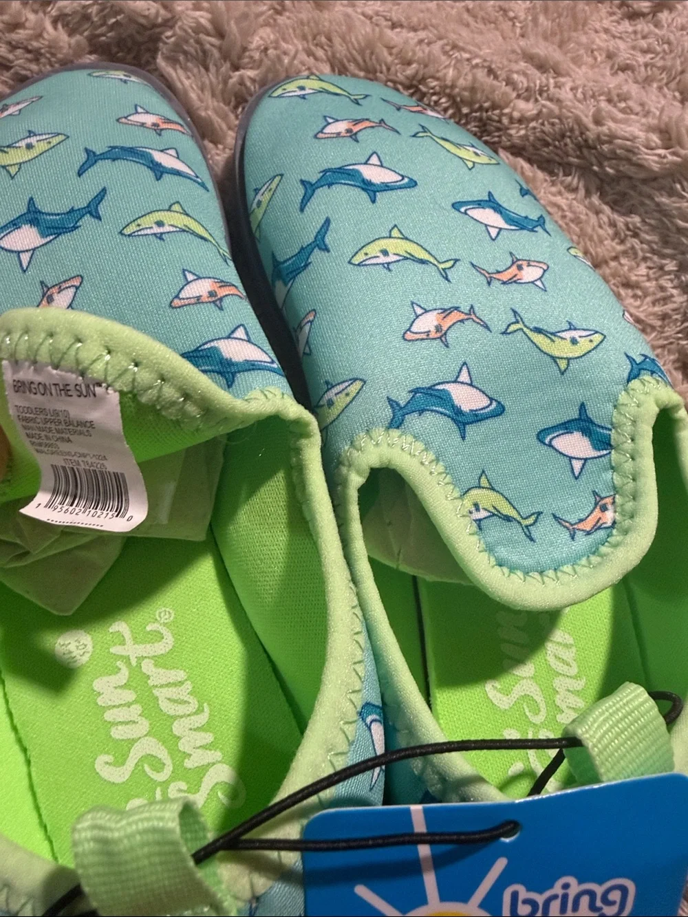 Bring on the Sun Toddler Water Shoes in Aqua Shark Print - Large 9/10